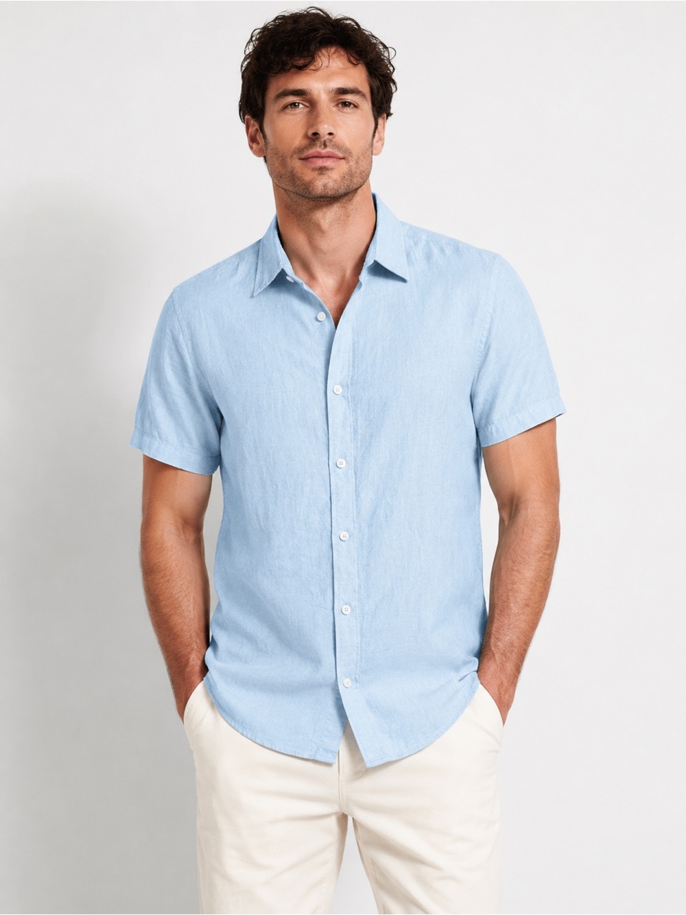 Hugo Boss Men’s Light Blue Linen Short Sleeve Shirt Slim Fit Size S NWT
